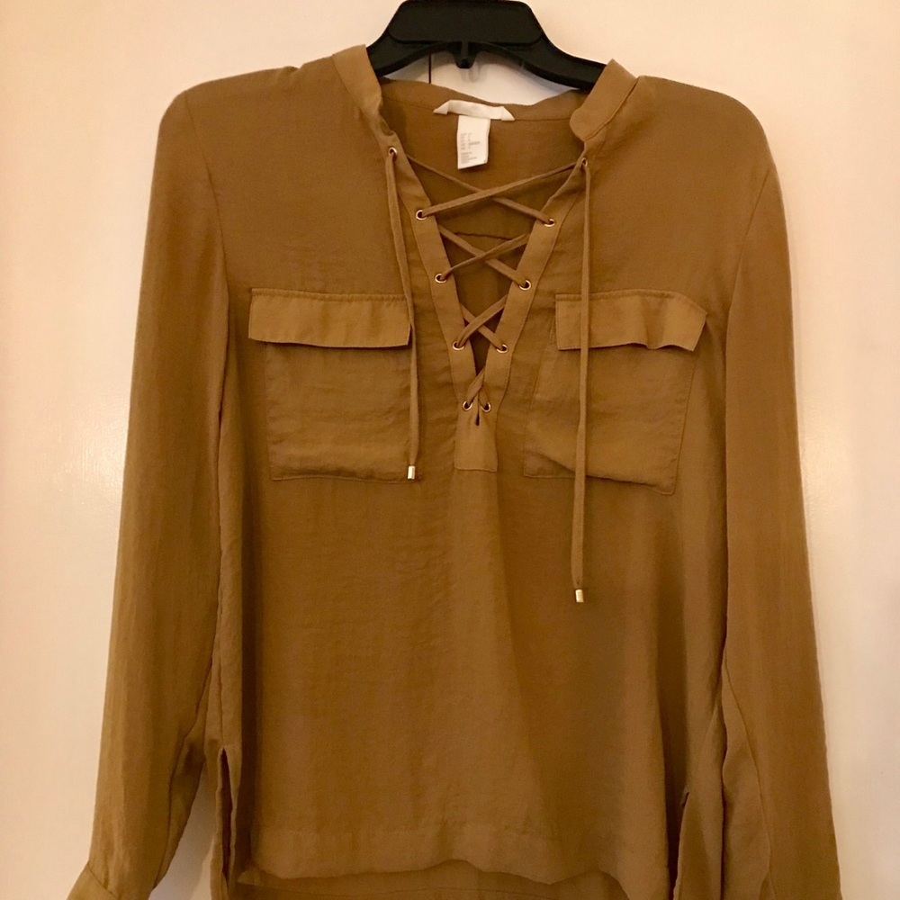 Green Brown Lace Up Shirt